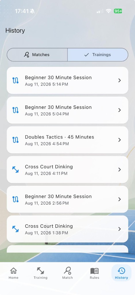 History screen listing completed training sessions