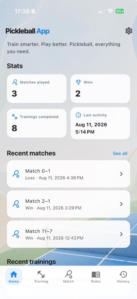 Home screen showing match and training stats with recent matches