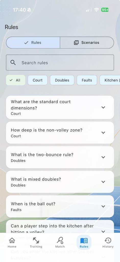 Rules screen with search, category filters, and expandable questions