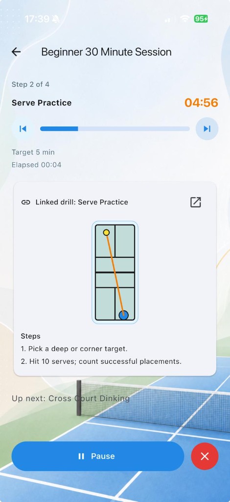 Guided session step with Serve Practice timer and court diagram