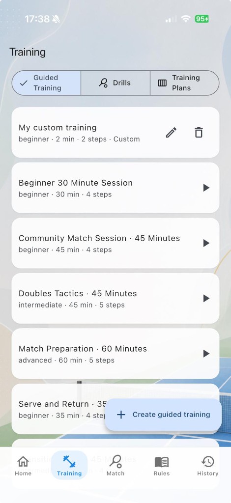 Training hub with guided sessions like Beginner 30 Minute Session